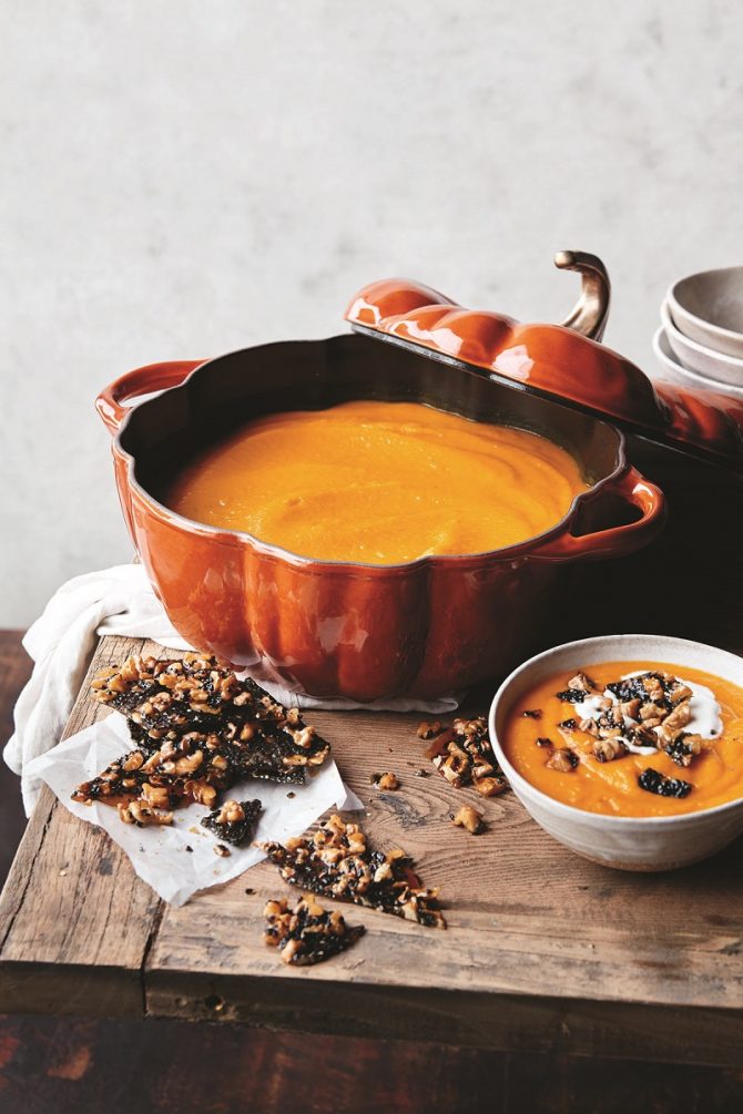 Vegetarian Miso Pumpkin Soup with Sesame Walnut Brittle recipe