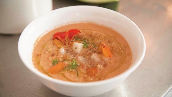 no-cook watermelon gazpacho with watermelon rind pickles