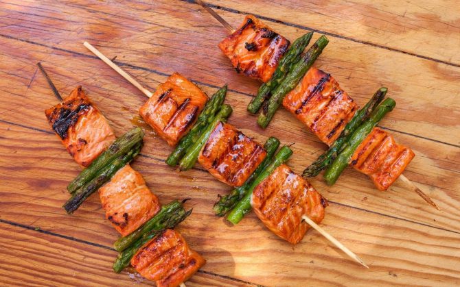 Salmon Asparagus Kebabs