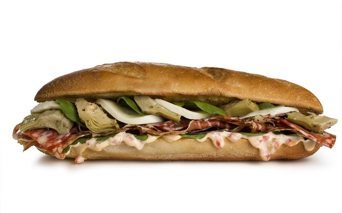 Italian sub sandwich with artichokes and salami