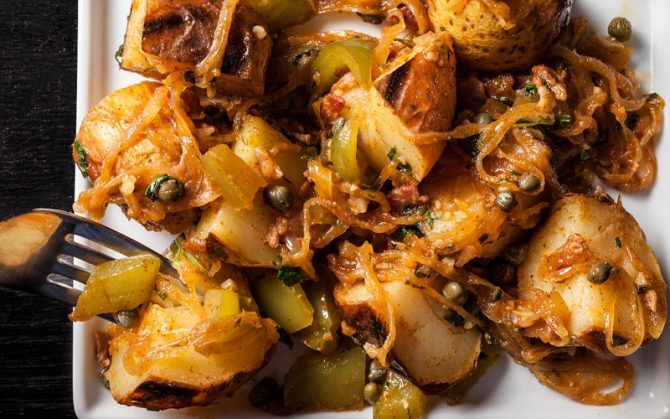 warm German potato salad with bacon and caramelized onions