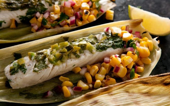 Corn-Husk-Wrapped Grilled Halibut with Charred Corn Salsa