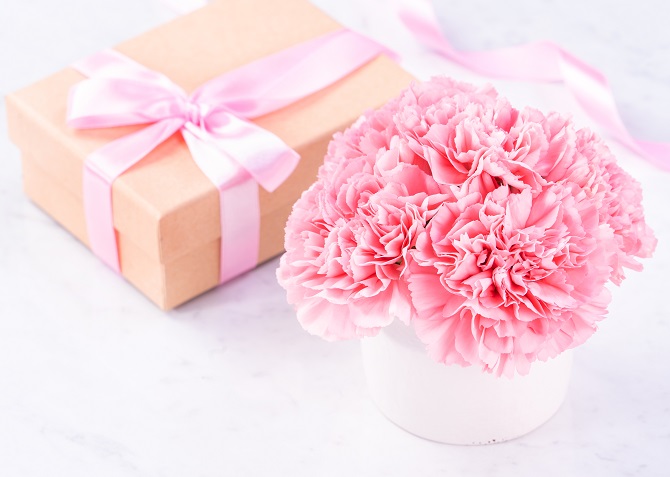 Mother's Day 2019 Gift Guide (wrapped present with pink ribbon and pink carnations)