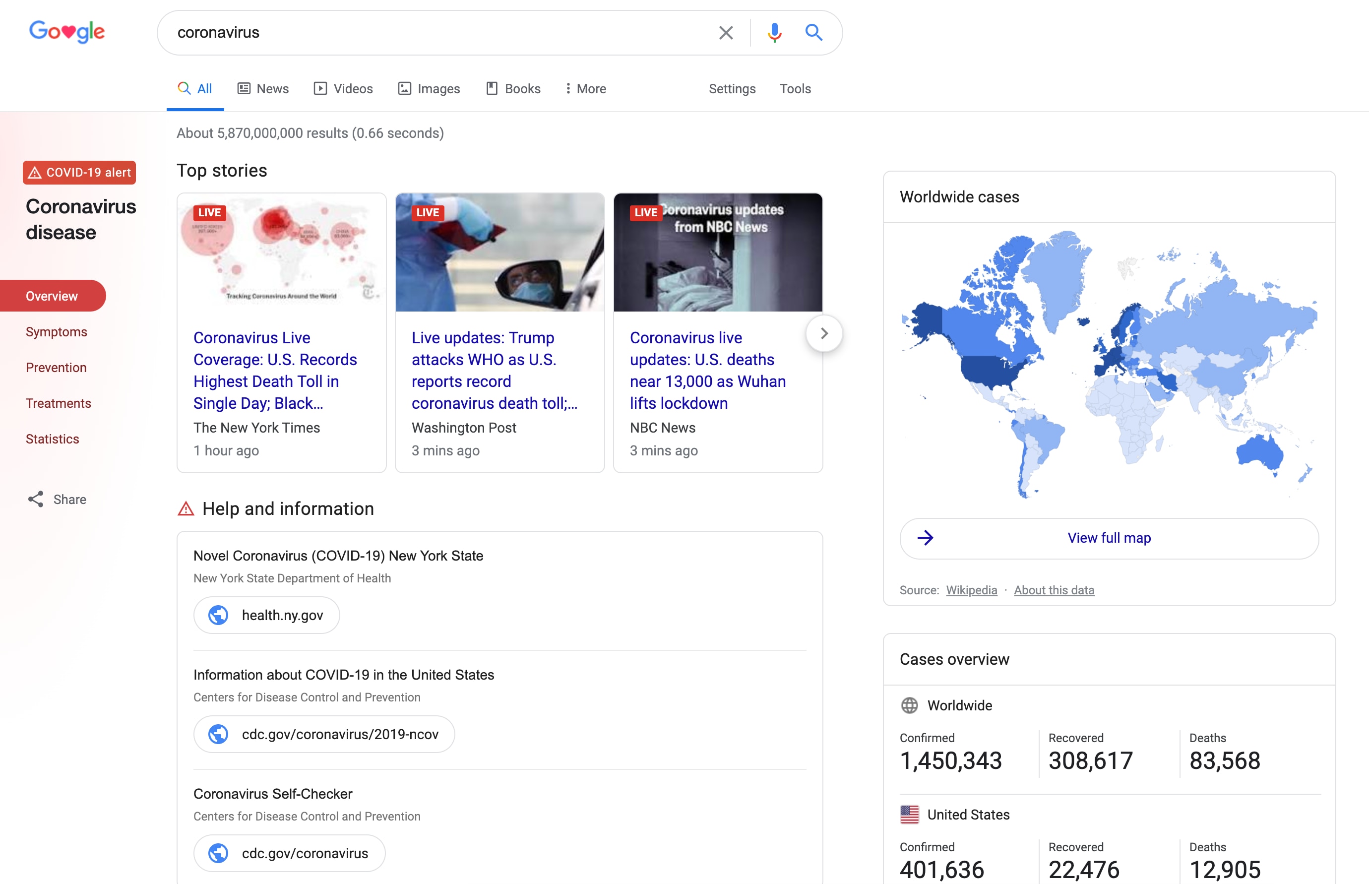 Google presents users with a full-on information hub regarding coronavirus.