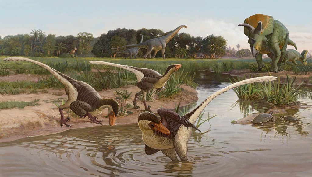 An artist's recreation of the newly discovered Dineobellator notohesperus at the end of the Cretaceous Period in New Mexico.