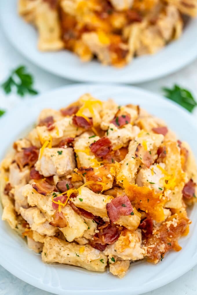 Photo of a plate with crack chicken baked ziti.