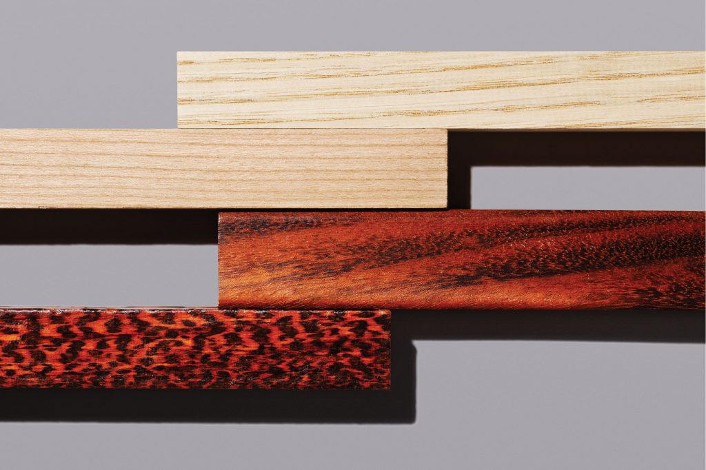 (From top to bottom) American chestnut, black cherry, tigerwood, and snakewood.