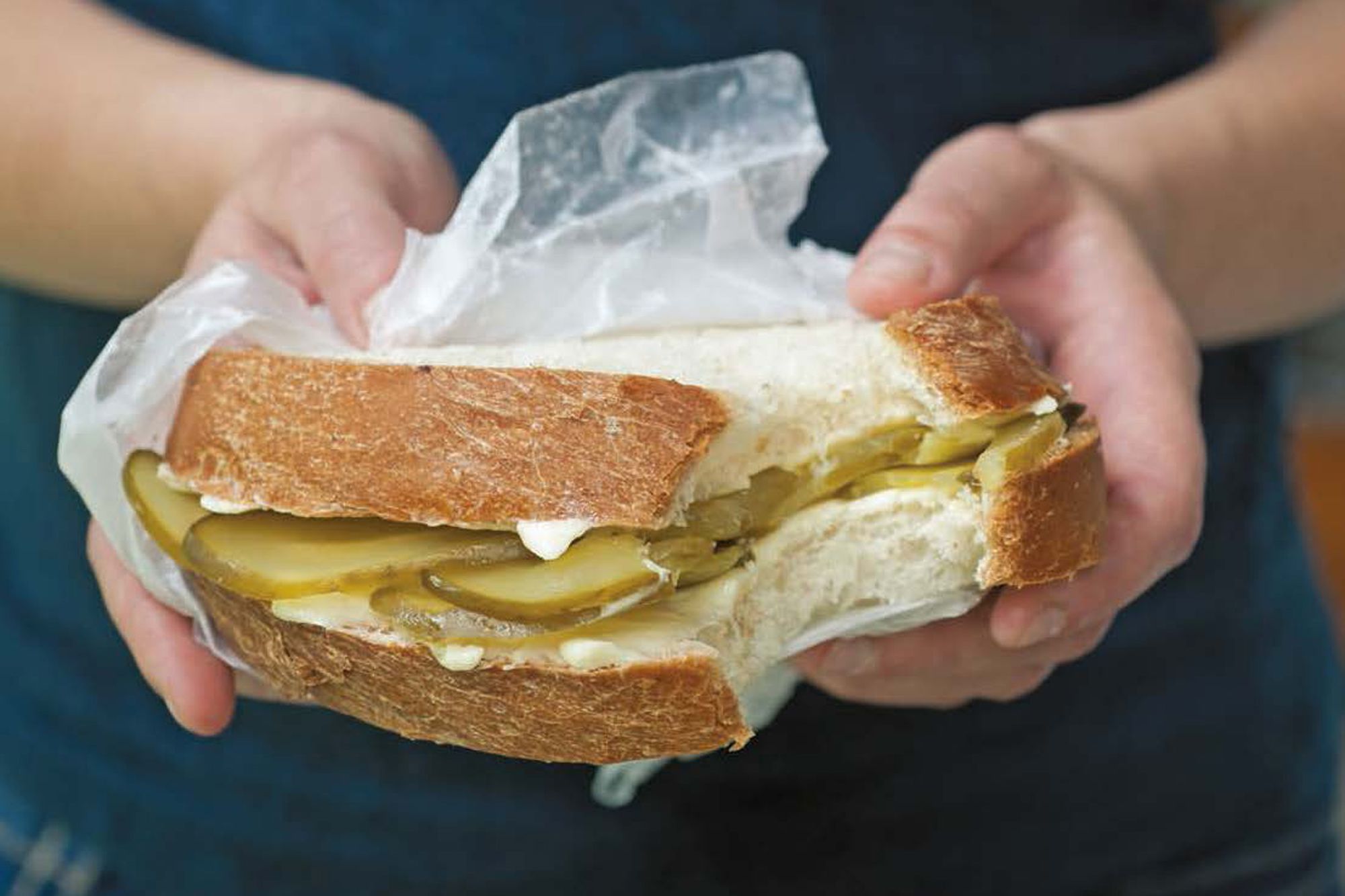 In this Depression-era stalwart, soft, chewy white bread (homemade or store-bought) is an ideal canvas for butter and pickles.